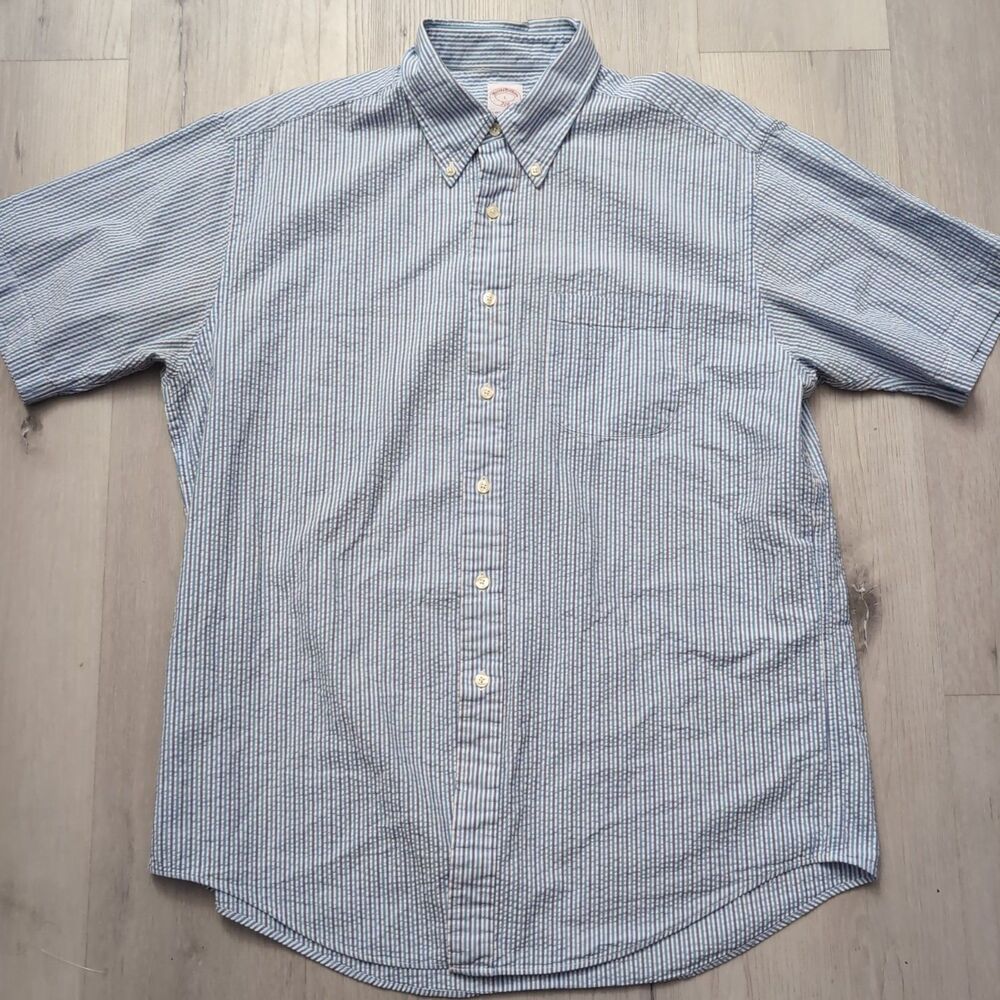 Brooks Brothers 346 Shirt Men Size L Multi Color Stripe Seersucker Short Sleeve